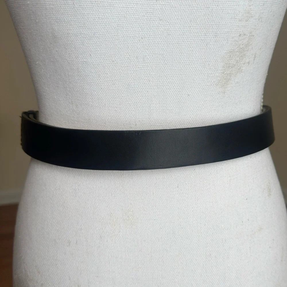 Chico’s Black Leather Slouch Belt Hammered Metal M/L